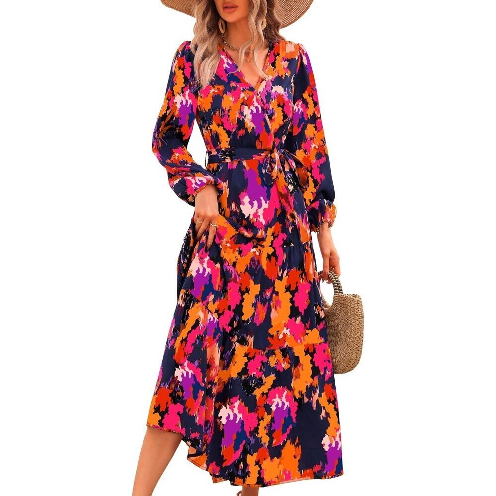 PrettyGarden Women Blue Orange Polyester V Neck Long Sleeve Floral Maxi Dress